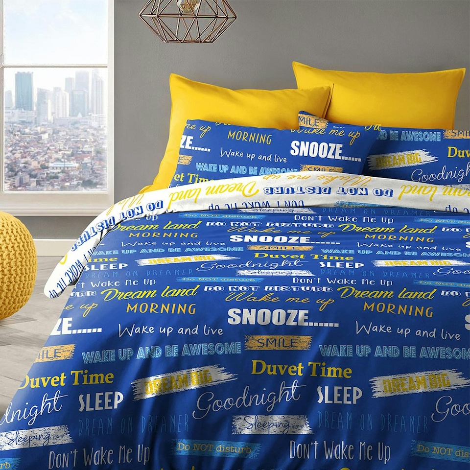 image 1 of Velosso Wake Me Up Printed Cotton Blend Duvet Cover and Pillowcase Set Blue | King