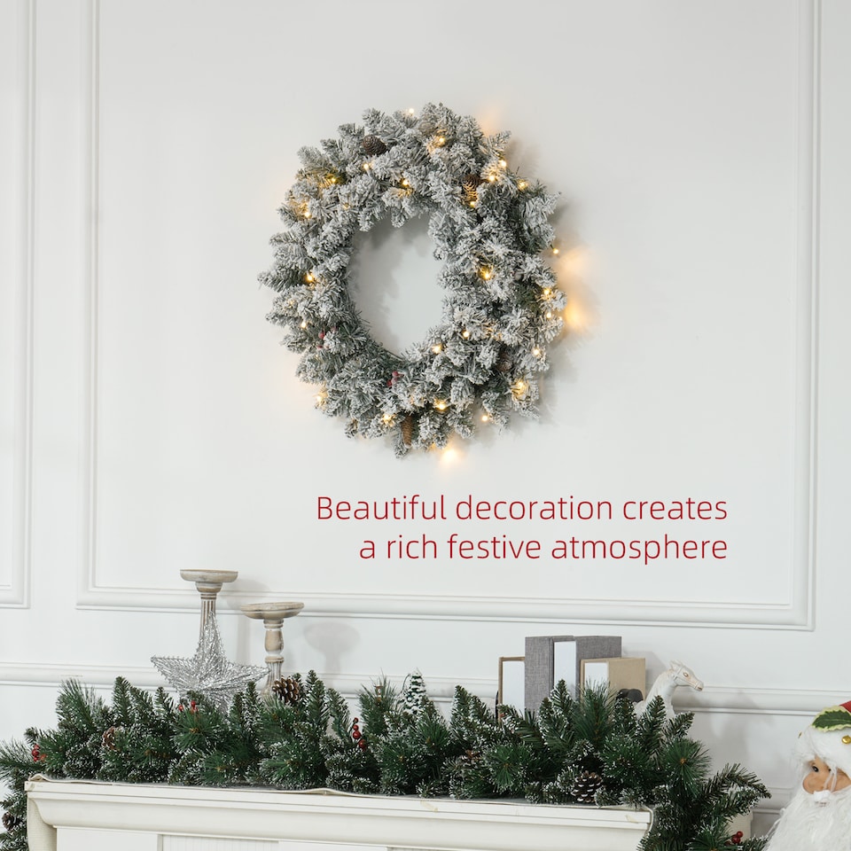 image 1 of HOMCOM 60cm Flocked Christmas Wreath with Lights Pine Cones Berries Green