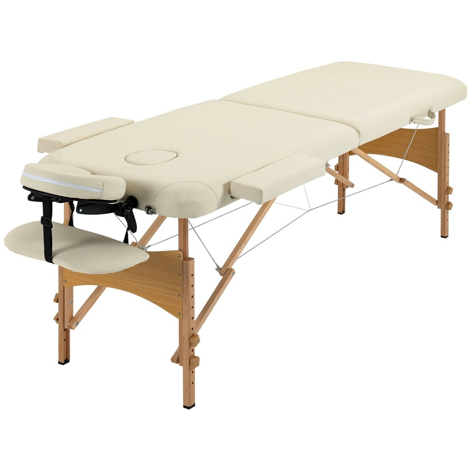 image 1 of HOMCOM Wooden Folding Massage Table w/ 2 Sections, Bag, Cream