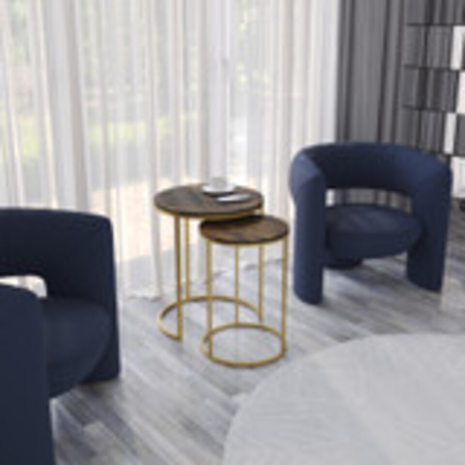 image 1 of 2Pc Round Nesting Stackable Sofa Side Bedside End Table Set Wood Top Metal Legs | Multi | Rustic Brown Top with Gold Legs