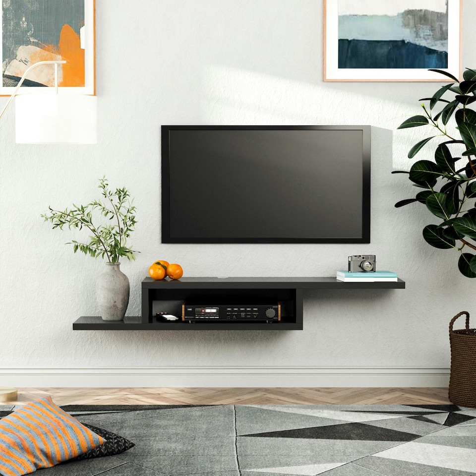 image 1 of HOMCOM Wall Mounted Media Console Floating TV Stand with Shelf Black