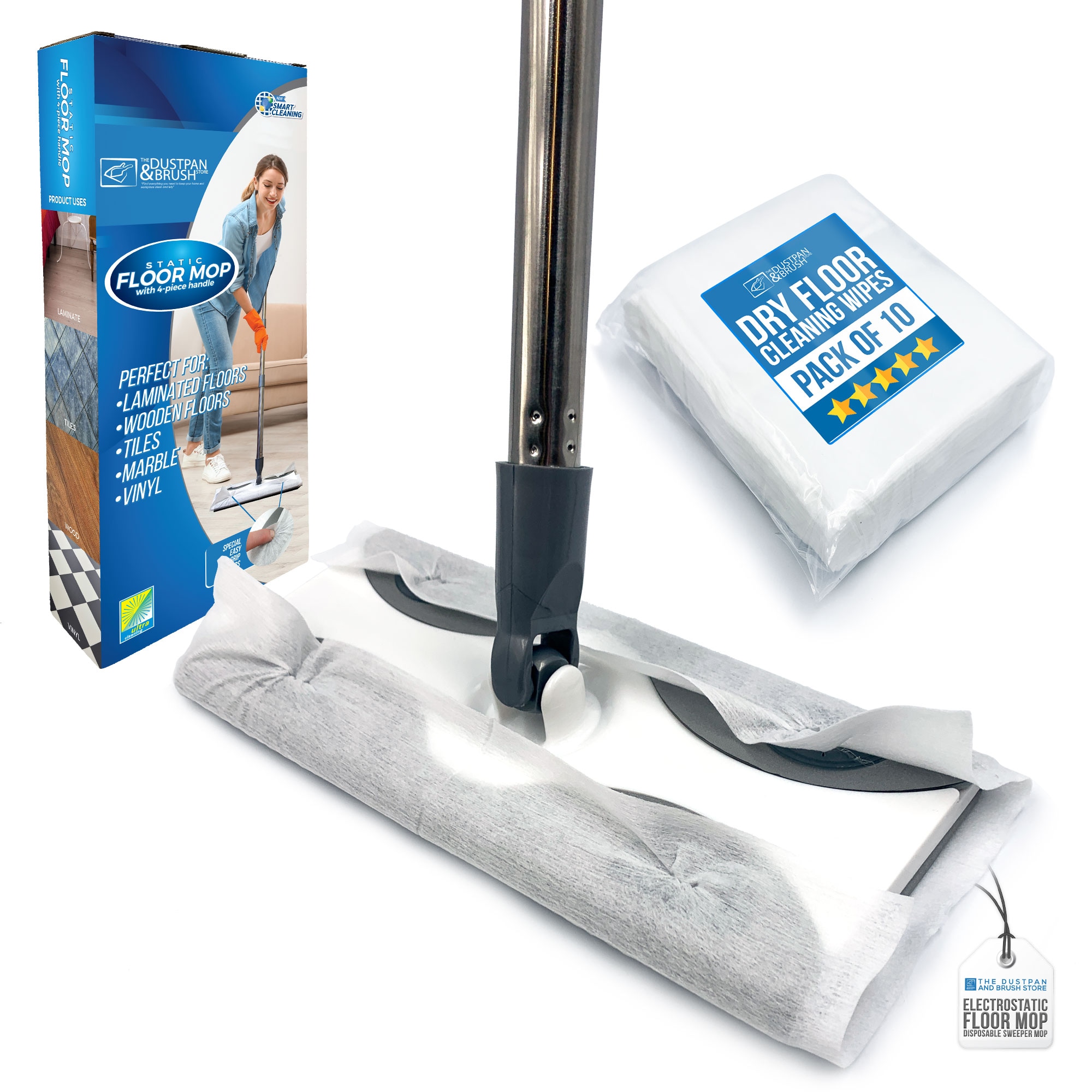 Static Floor Sweeper Mop Kit Swivel Head Mop with 10 Dry Wipes for Wood Tile & Laminate