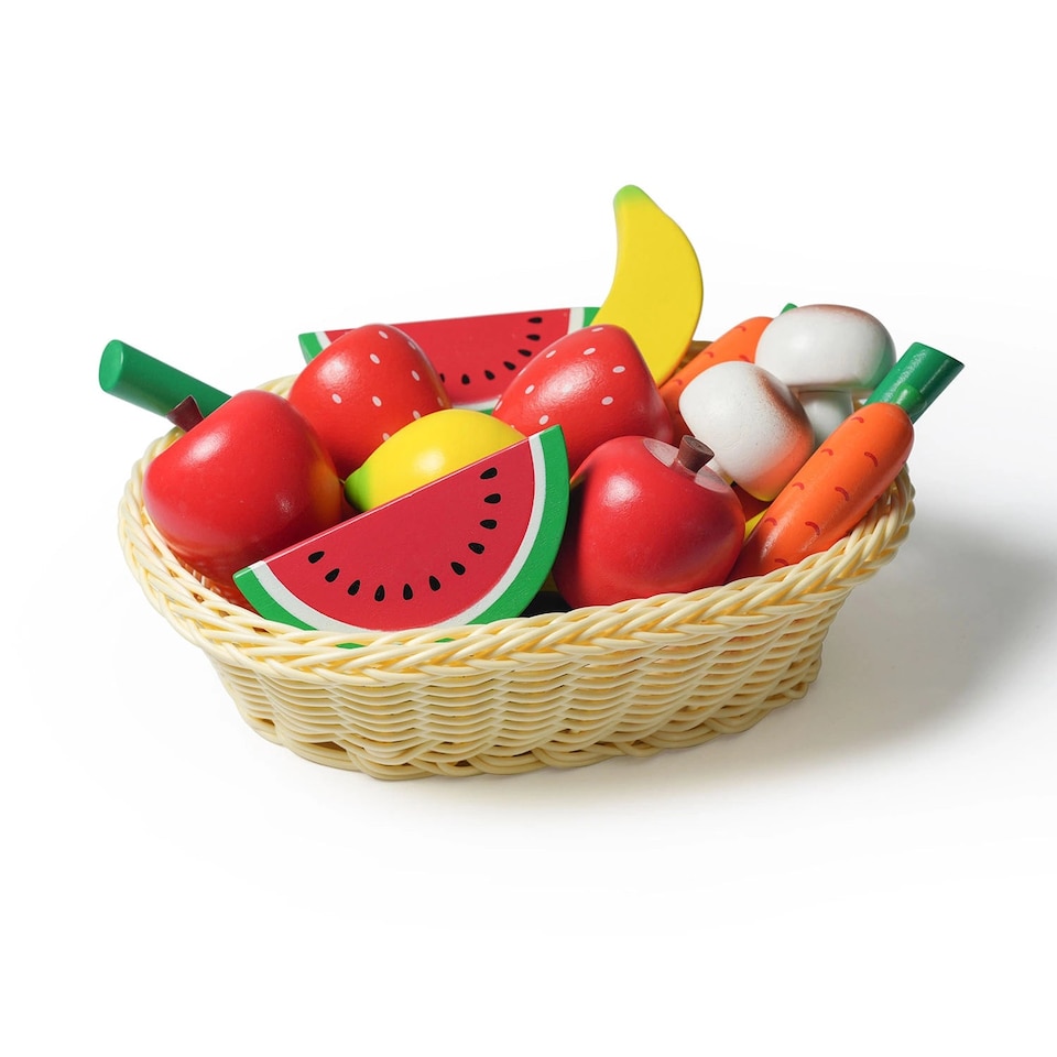 image 1 of Hooga Wooden Play Food Set with Basket - 20 Pieces of Fruits & Vegetables
