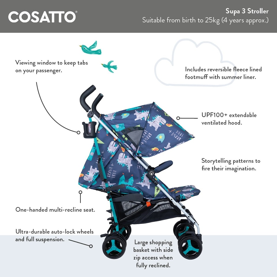 image 1 of Cosatto Supa 3 Stroller - Birth - 25kg, Compact Fold & Free Footmuff (Silhouette)