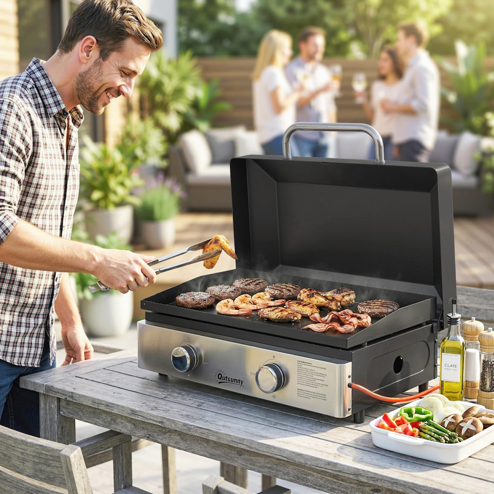 image 1 of Outsunny 2 Burner Grill Griddle, Tabletop Gas BBQ with Grease Cup, Black | Black | Black | 70.5 x 54 x 27 cm