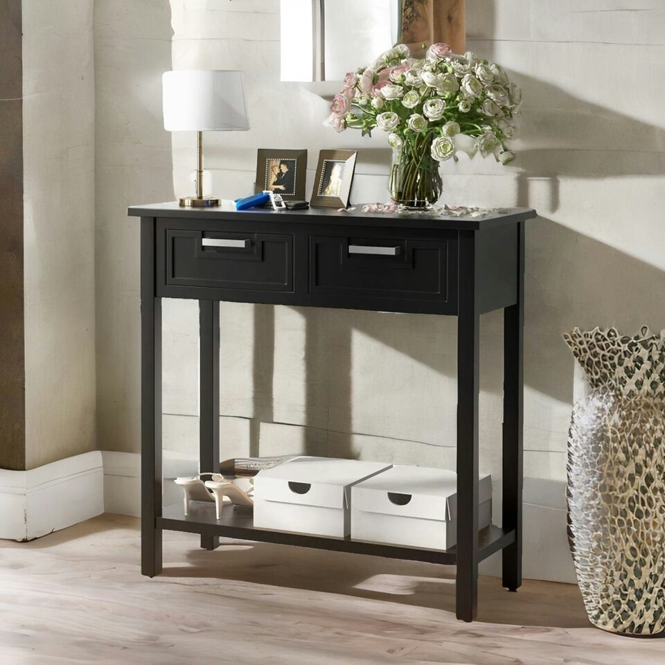 image 1 of Modern Wooden Console Table With 2 Drawers and Shelf Black Black