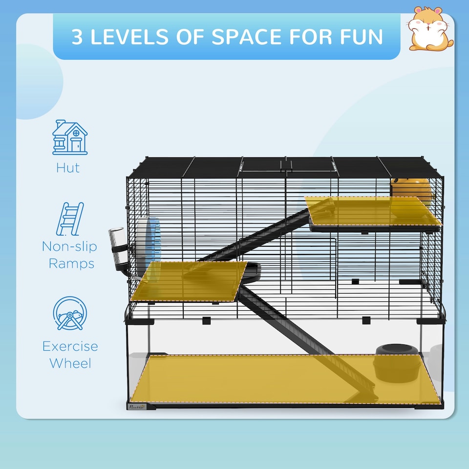 image 1 of PawHut 3 Tiers Hamster Cage w/ Deep Glass Bottom, Dish, Hut 78.5x48.5x54.5cm