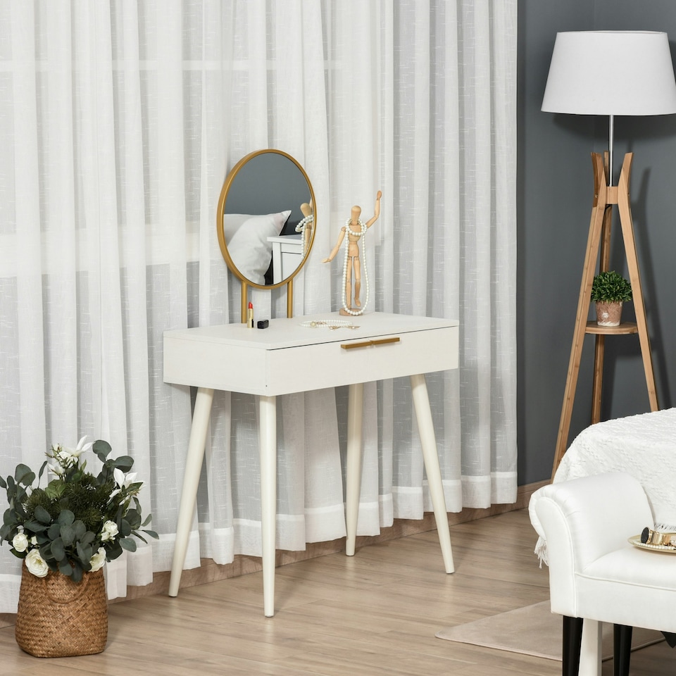 image 1 of HOMCOM Modern Dressing Table w/ 2 Drawers Round Mirror for Bedroom White