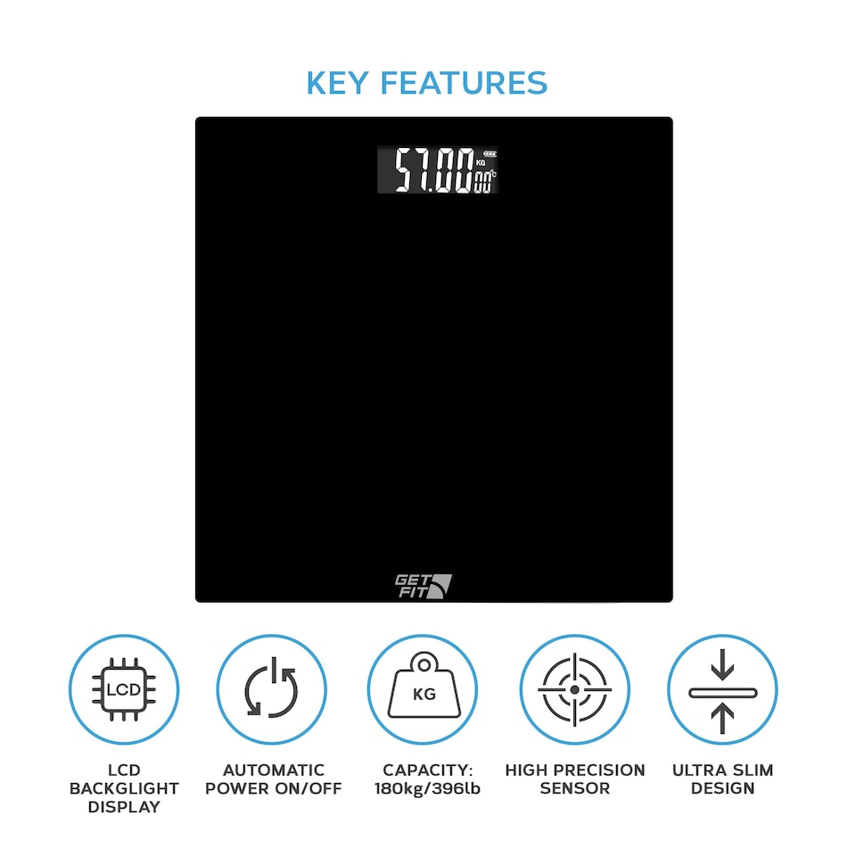 image 1 of Get Fit Bathroom Scales - Monitor Weight Loss - Digital Weighing Scale with High Precision Strain Gauge Sensor, LCD Display & Automatic On/Off - Black