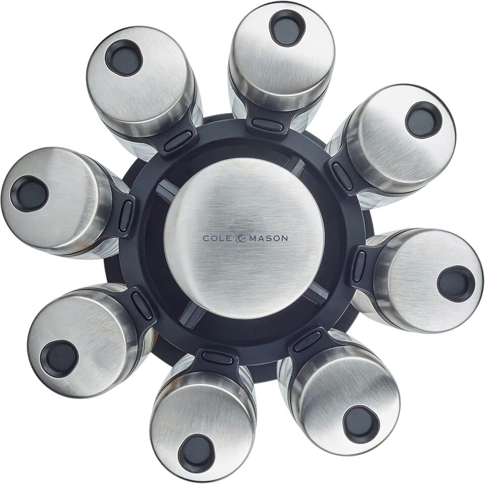 image 1 of Cole & Mason Cambridge 8 Jar Rotating Spice Rack, Includes 8 Filled Spice/Herb Jars with Lids for Kitchen Countertop Storage, (H) 13cm x (W) 20cm