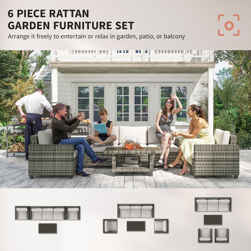 image 1 of Outsunny 6 Pieces Rattan Garden Furniture Set, 5 Seater Wicker Outdoor Furniture Set with 2 Armchairs, Steel Frame Coffee Table and Cushions for Balcony, Porch, Light Grey