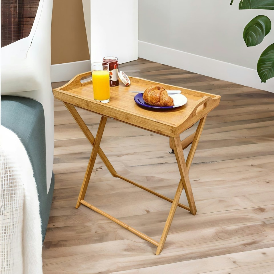 image 1 of Wooden Folding Side Table With Detachable Serving Tray Brown Brown