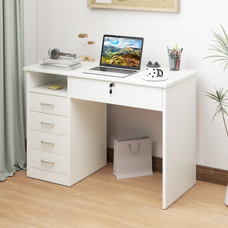 image 1 of HOMCOM Computer Desk, Home Office Desk with Lockable Drawer, Storage Shelf for Study Bedroom, 110 x 50 x 76 cm, White