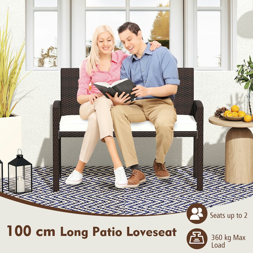 image 1 of COSTWAY Patio Rattan Loveseat Garden Wicker 2-Seat Bench White