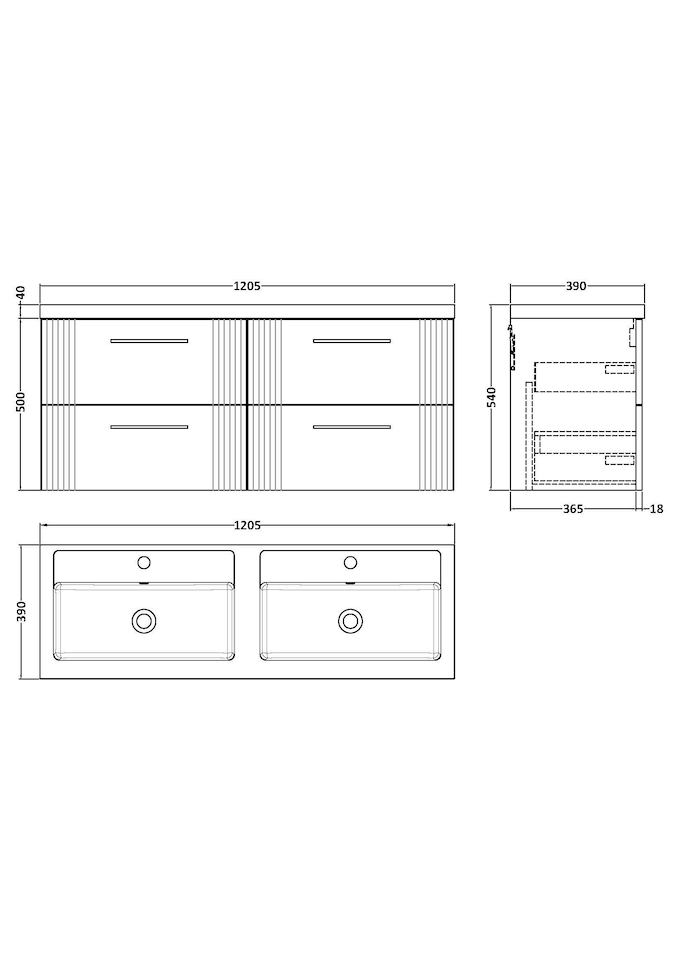 image 1 of Balterley Partial Fluted 4 Drawer Wall Hung Vanity Unit with Double Polymarble Basin | Grey | Satin Soft Black