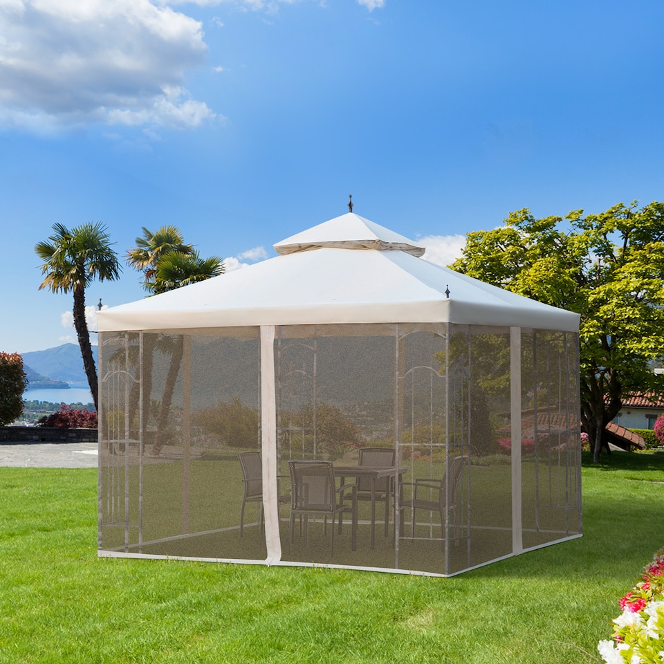 image 1 of Outsunny 3Mx3M Garden Gazebo Double Top Outdoor Canopy Patio Event Party Wedding Tent Backyard Sun Shade with Netting Cream White