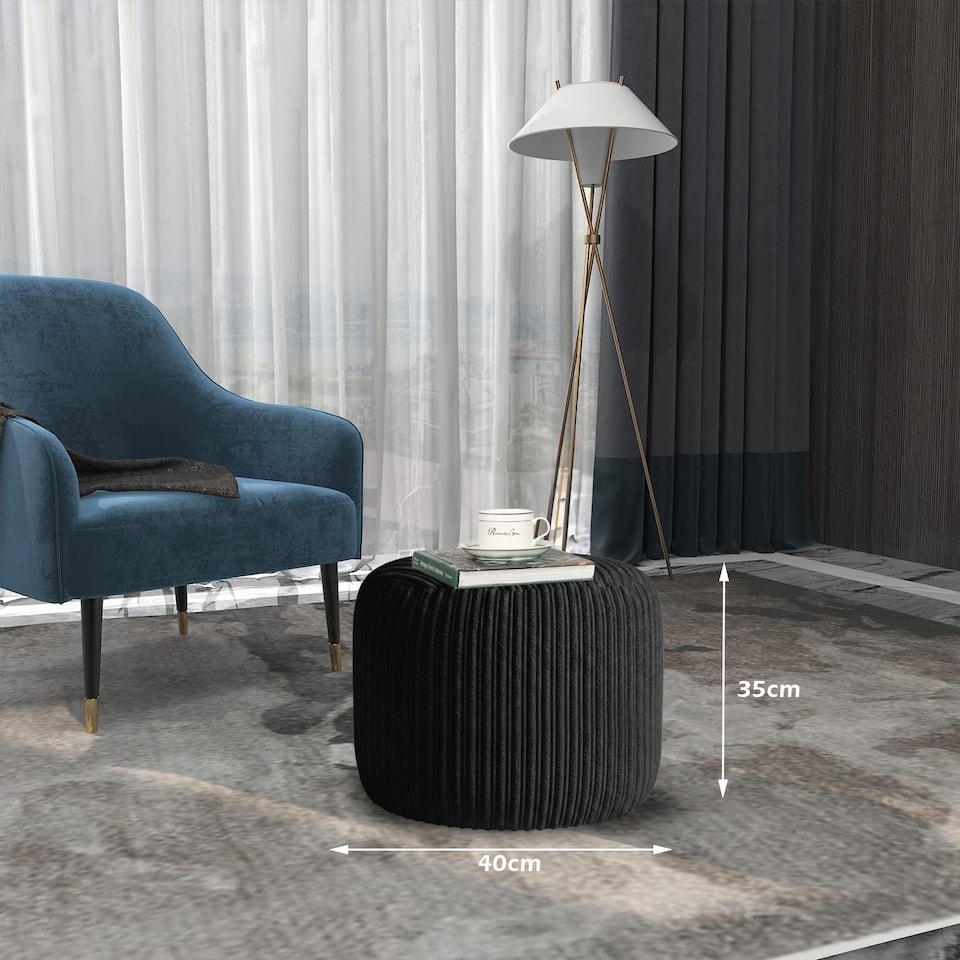 image 1 of Black  Jumbo Cord Footstool Oval Pouffe, Corduroy Ottoman Bean Bags 40cm x 35cm