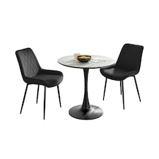 Furniturebox Elina White Marble Effect Round Dining Table & 2 Black Pesaro Black Leg Chairs