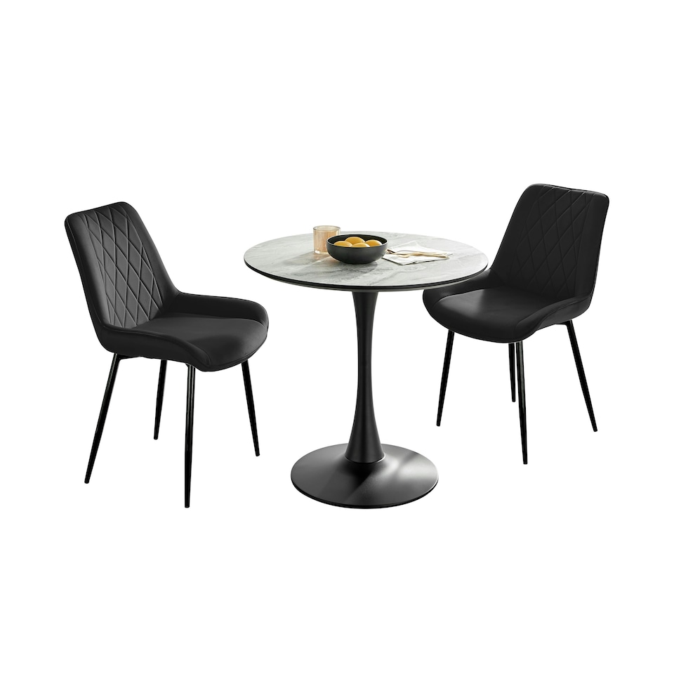 image 1 of Furniturebox Elina White Marble Effect Round Dining Table & 2 Black Pesaro Black Leg Chairs