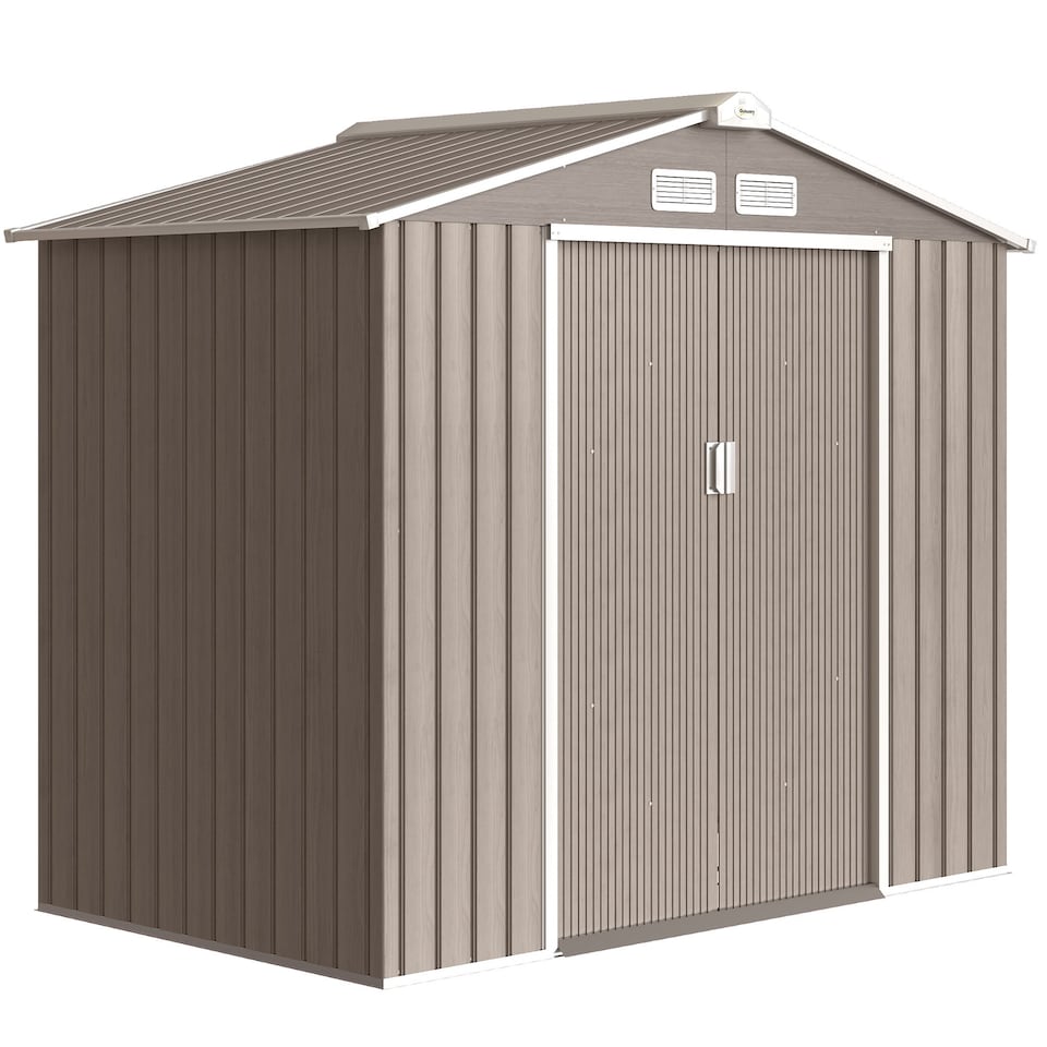 image 1 of Outsunny 7 x 4ft Metal Garden Shed, Outdoor Storage Tool House with Ventilation Slots, Foundation Kit and Lockable Double Doors, Light Brown