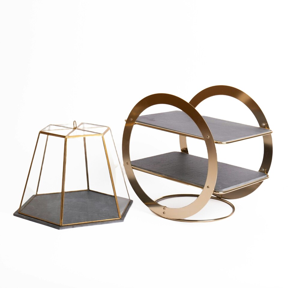image 1 of 2pc Serveware Set with Serving Cloche with Slate Base and 2-Tier Brass Cake Stand with Round Slate Serving Platters Clear