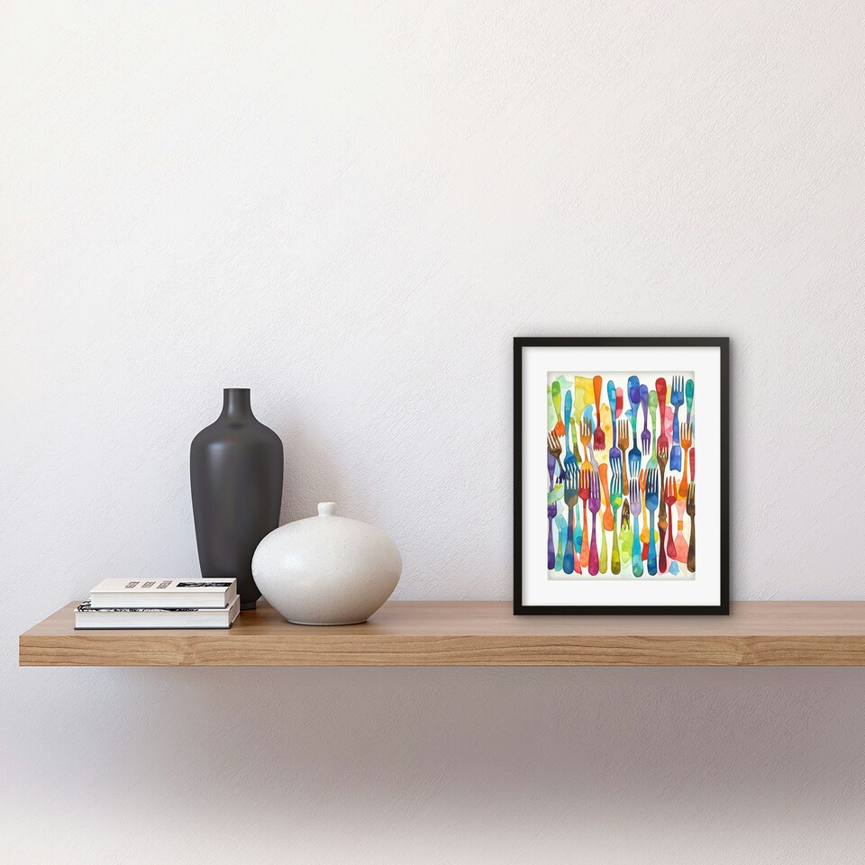 image 1 of Cutlery Pattern Kitchen Forks Watercolour Painting 9x7" Black Framed Wall Art Print