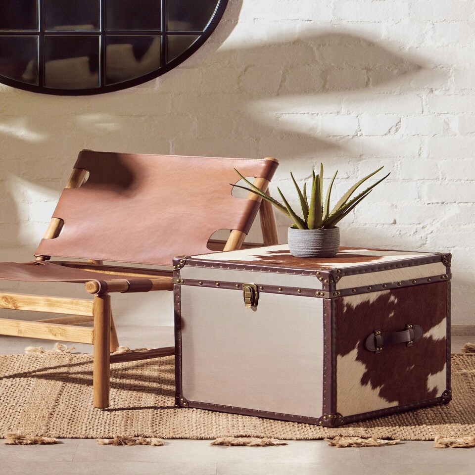 image 1 of Interiors By Premier Brown & White Genuine Cowhide Storage Trunk Set,Chest Boxes With Toggle Latches,Trunk With Real Leather Trim Brown