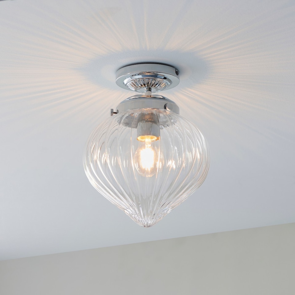 image 1 of Cheston Semi Flush Ceiling Light Chrome, Clear Ribbed Glass Globe Shade, IP44