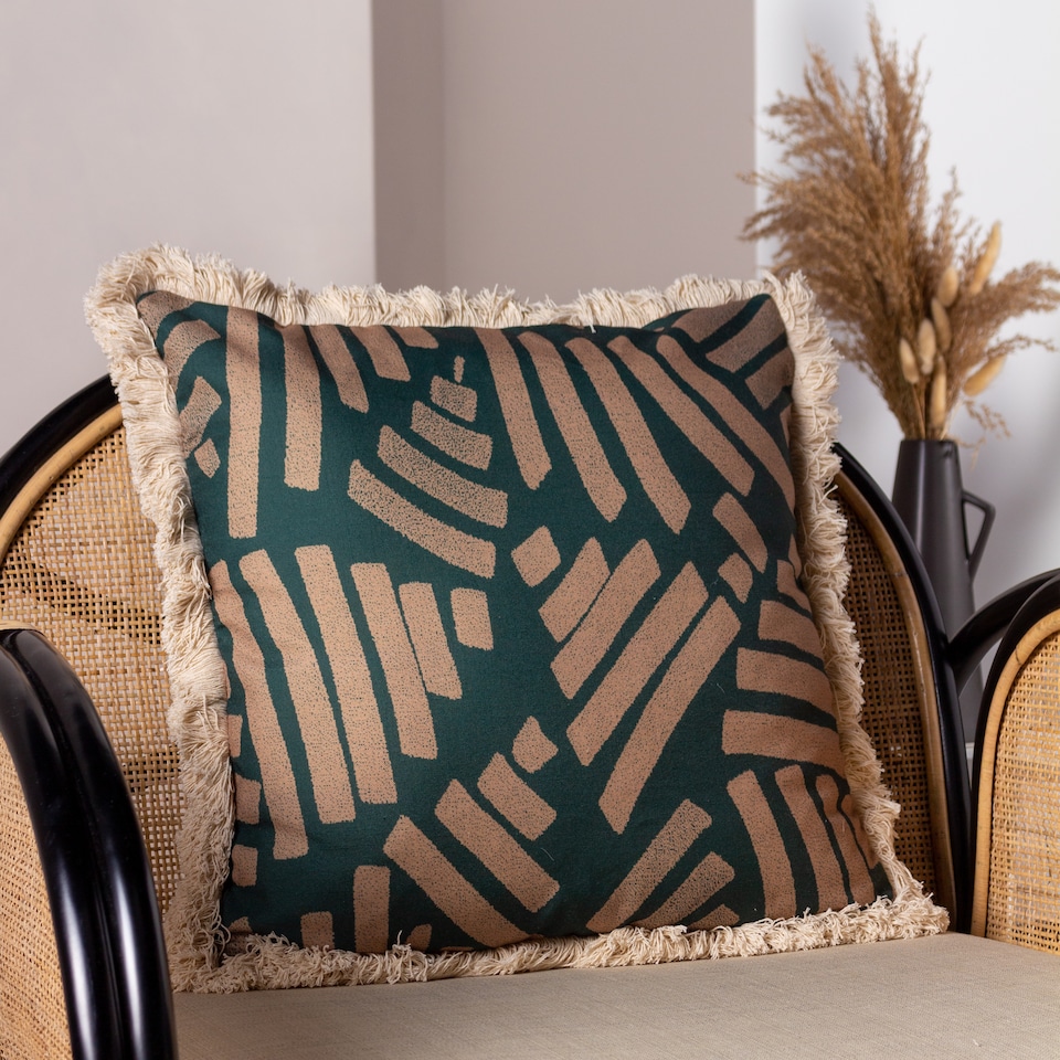 image 1 of Paoletti Oromo Printed Geometric Fringed Cushion, Green, 45 x 45cm
