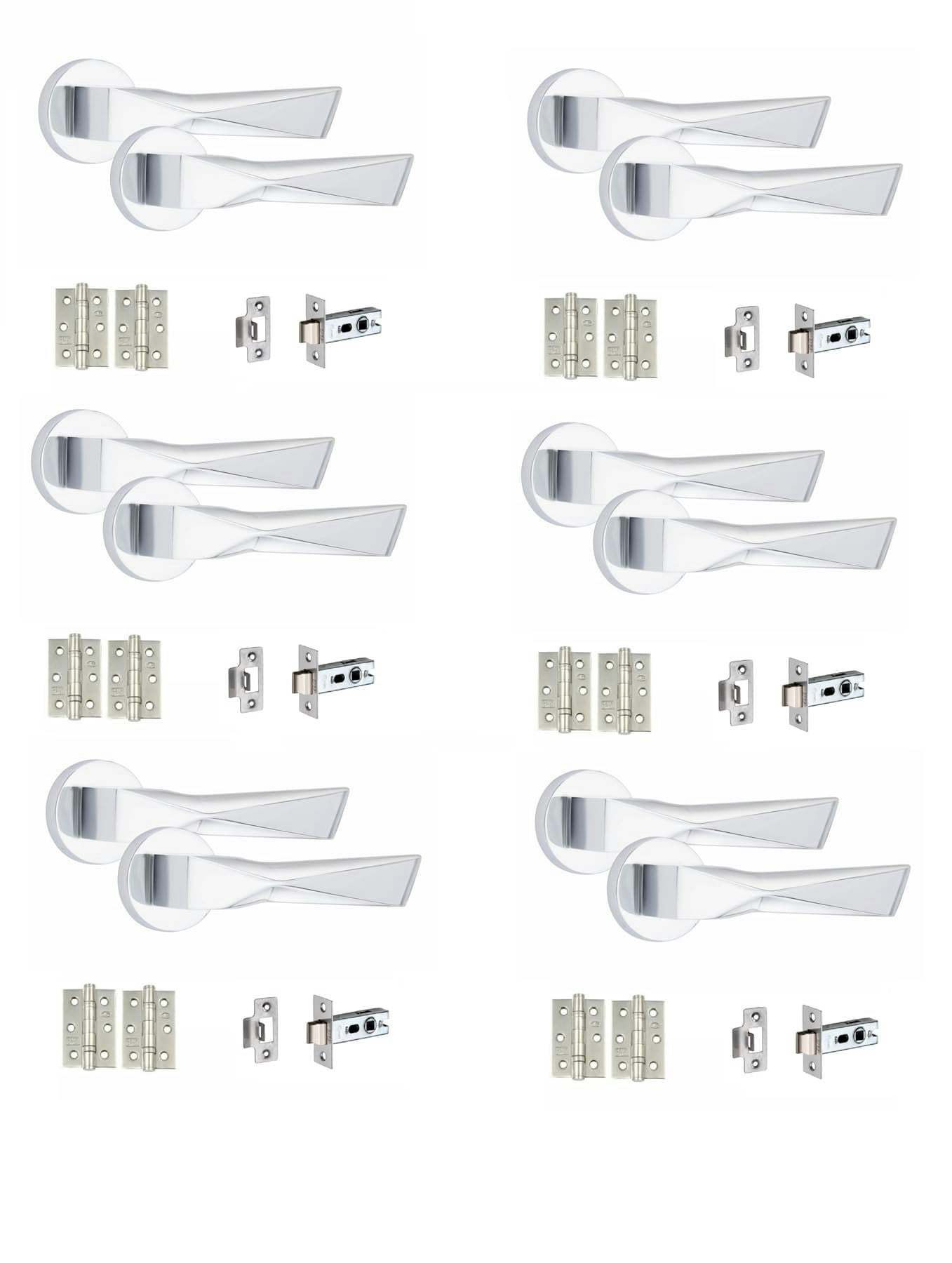 Golden Grace 6 Sets Modern Aura Design Premium Door Handles on Round Rose in Polished Chrome with 2.5" Latch and 1 Pair of Ball Bearing Hinges Chrome