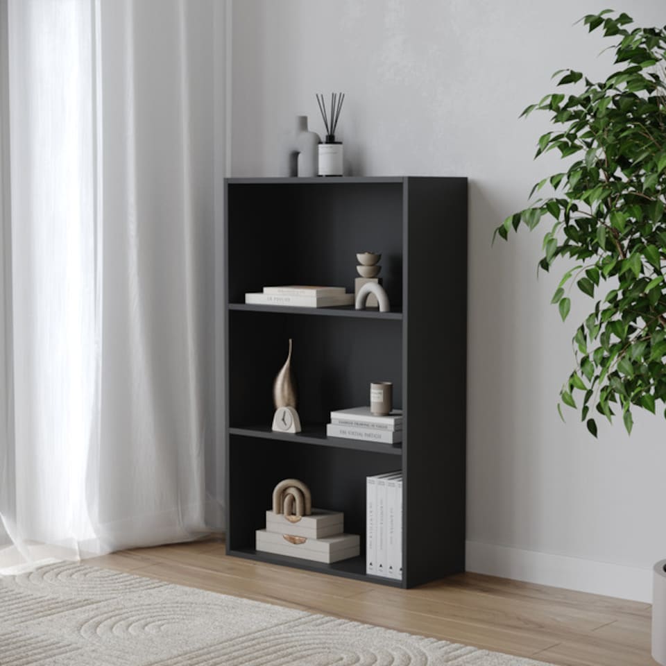 image 1 of Wide 3 Shelf Tier Wooden Bookcase Cabinet Storage Shelving Display Shelves Unit | Black | Black | 1