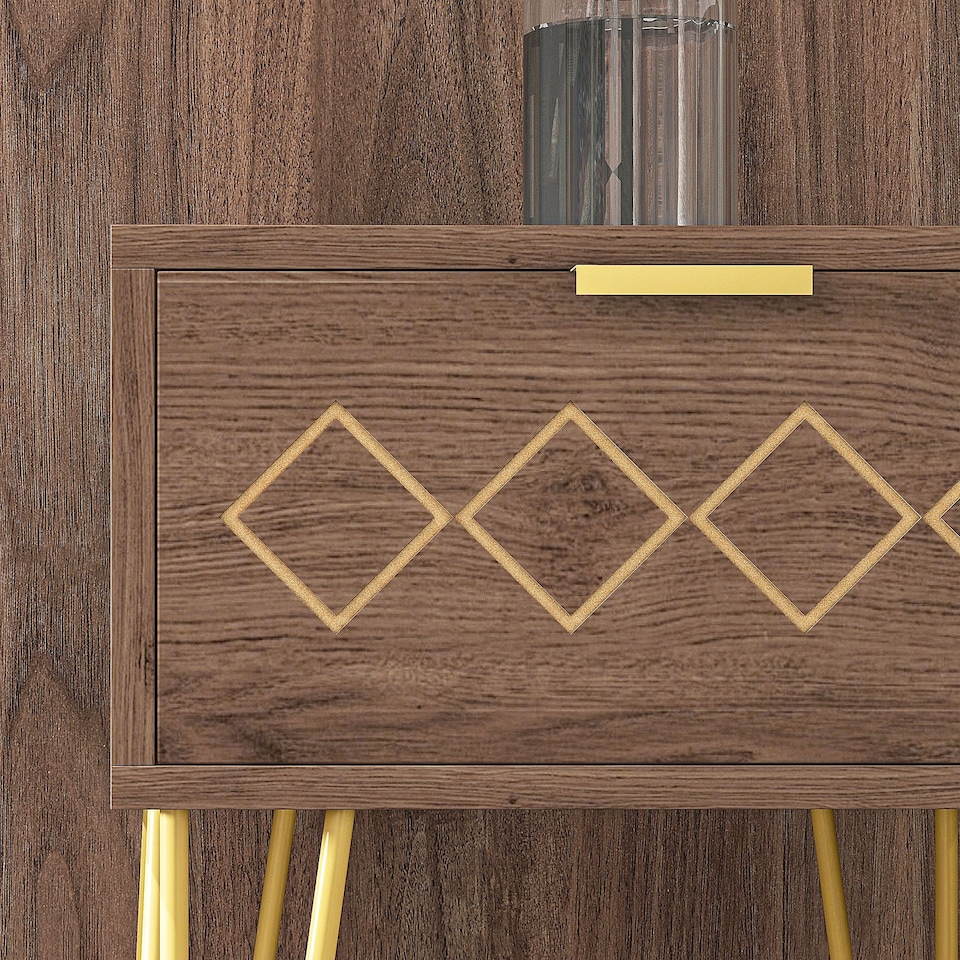 image 1 of HOMCOM Bedside Table with Drawer, Wooden Nightstand, Modern Sofa Side Table with Gold Tone Metal Legs and Handles for Living Room, Bedroom, Easy Assembly, 40x41x 49cm, Brown