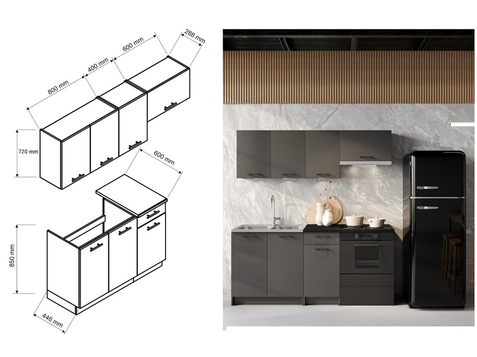 image 1 of Kitchen Cabinets 5 Units Black Grey Complete Kitchenette Small Set 180cm DIY Fitted Kitchen Package with Worktop Lina