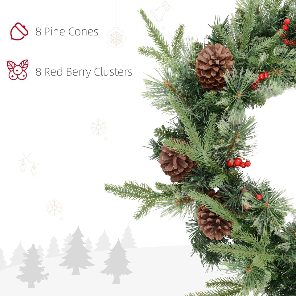 image 1 of HOMCOM 60cm Christmas Wreath with LED Lights Pine Cones Red Berries Green