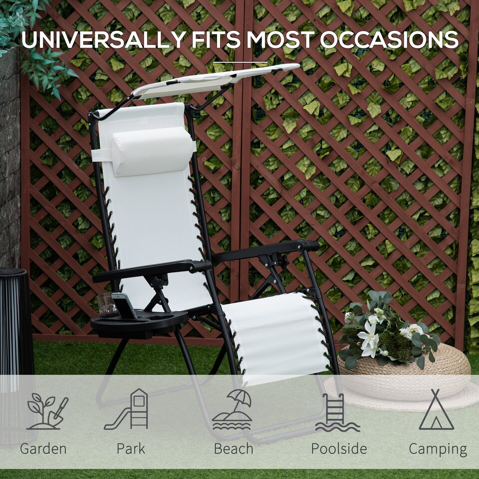image 1 of Outsunny Foldable Reclining Garden Chair with Headrest, Zero Gravity Deck Sun Lounger Seat Chair with Footrest, Armrest, Cup Holder & Canopy Shade, White