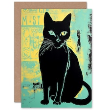 Black Cat on Teal Blue for Him or Her Thank You Art Card