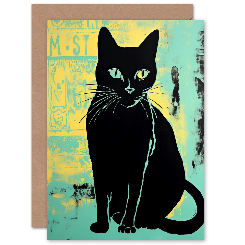 image 1 of Black Cat on Teal Blue for Him or Her Thank You Art Card