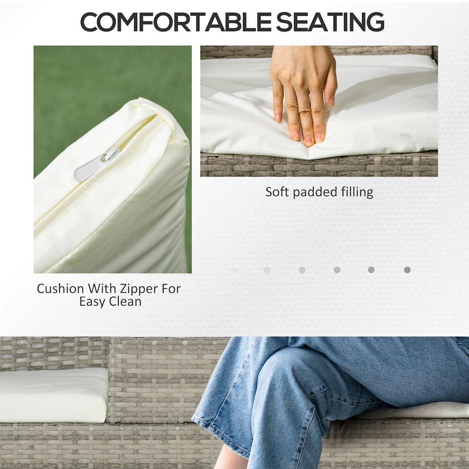 image 1 of Outsunny 2 Seat Rattan Garden Bench, Patio Wicker Chair with Glass Tea Table, Outdoor Love Seat with Padded Cushions, for Garden, Porch, Mixed Grey/Cream White | Grey