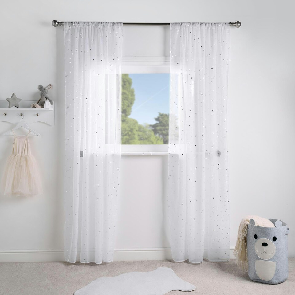 image 1 of OHS Metallic Star Slot Top Sheer Net 2 Panel Voile Curtains, 55x87'' - White