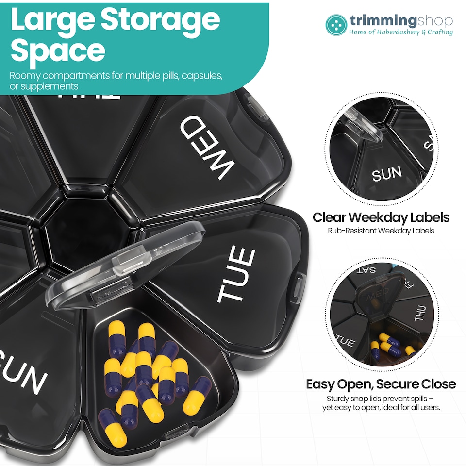 image 1 of Black Weekly Pill Box, Pill Organiser with Weekday Labels