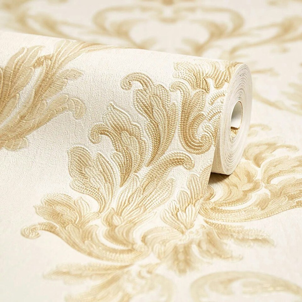 image 1 of Aurora Damask Wallpaper in Shimmering Ivory with Gold and Silver | Cream | Shimmering Ivory with Gold and Silver