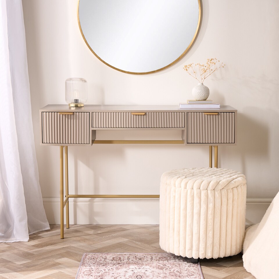 image 1 of OHS Ribbed Dressing Table Vanity Makeup Desk with 3 Drawers | Bronze | Natural