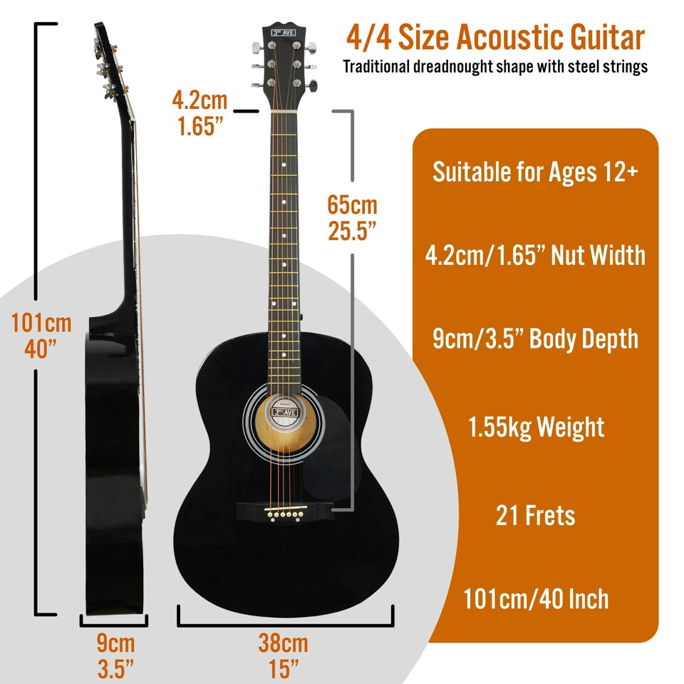 image 1 of 3rd Avenue Full Size Acoustic Guitar Premium Pack Blue