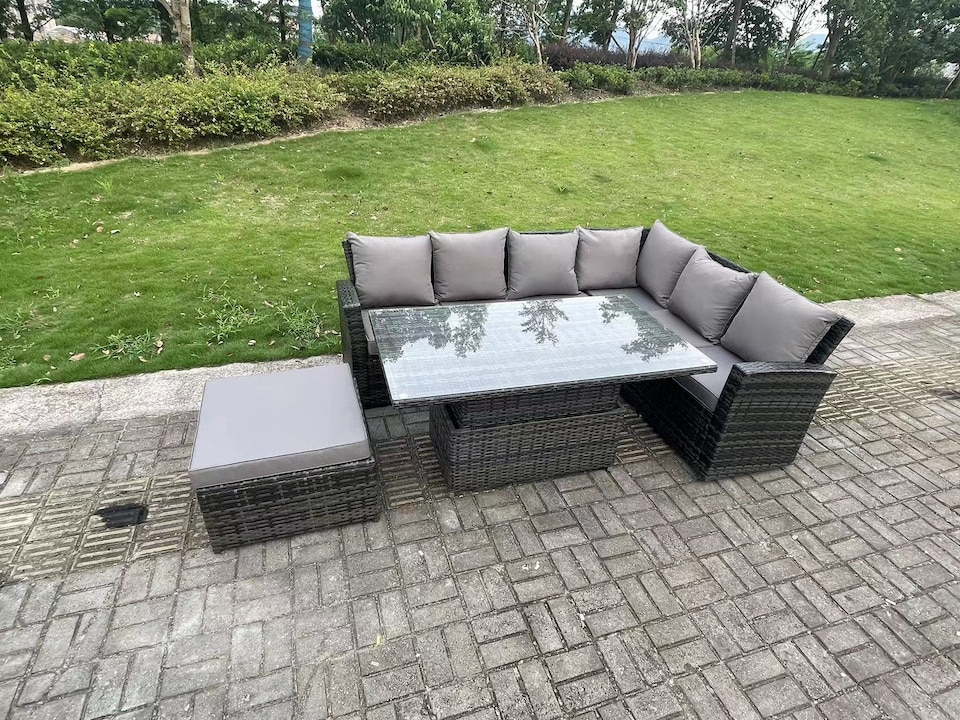 image 1 of Fimous 7 Seater Outdoor Rattan High Back Adjustable Rising Lifting Dining Table Corner Sofa Set Garden Furniture Dark Grey Mixed Right Hand