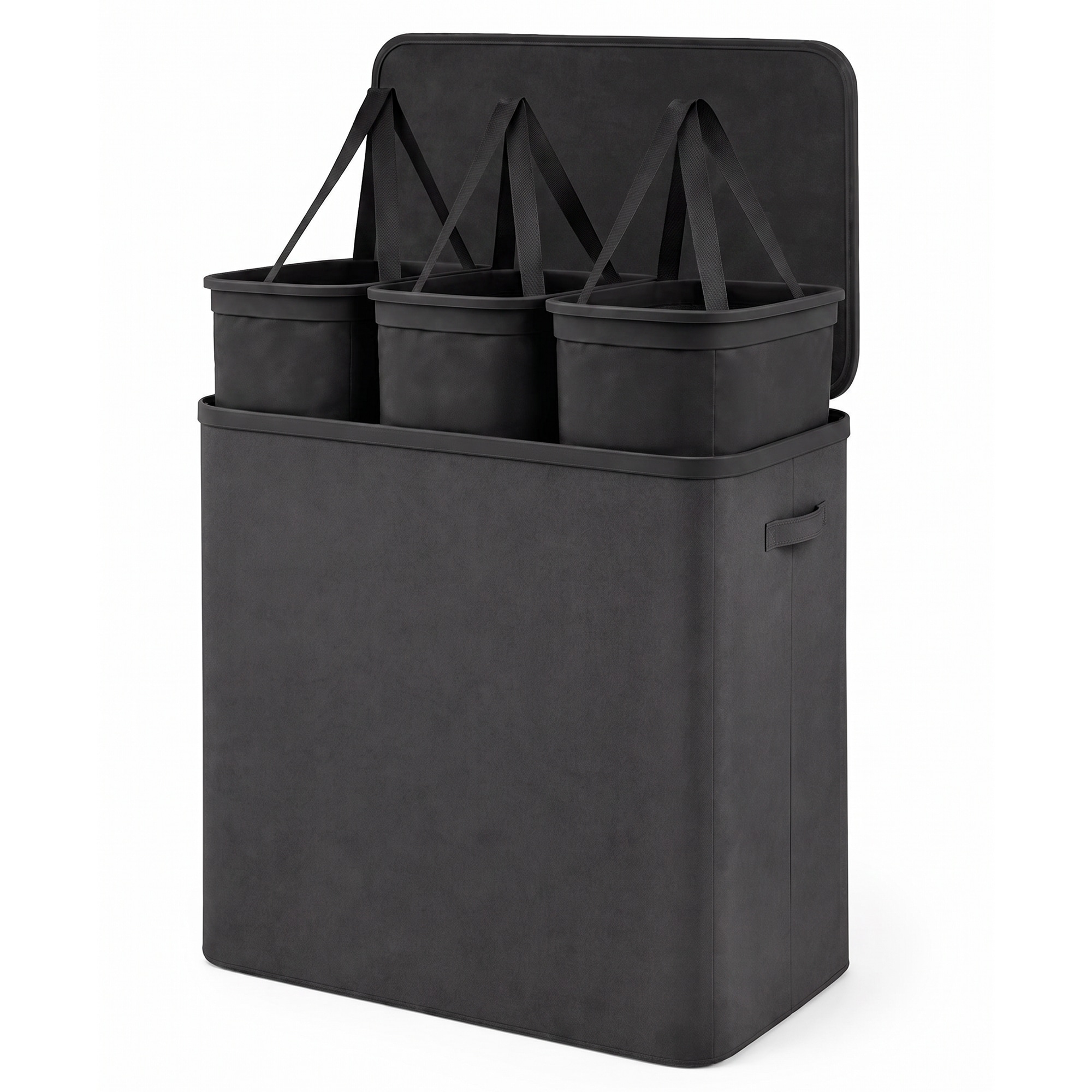 Keplin Collapsible Triple Laundry Basket with Lid & Removable Liner, 170L in Black