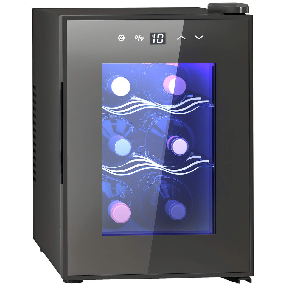 image 1 of HOMCOM Mini Table Top Wine Fridge, 6 Bottle, 17L, 8-18℃, 26.5cm Quiet Under Counter Wine Cooler Fridge with Glass Door, LED Light, Digital Touch Screen, Temperature Control