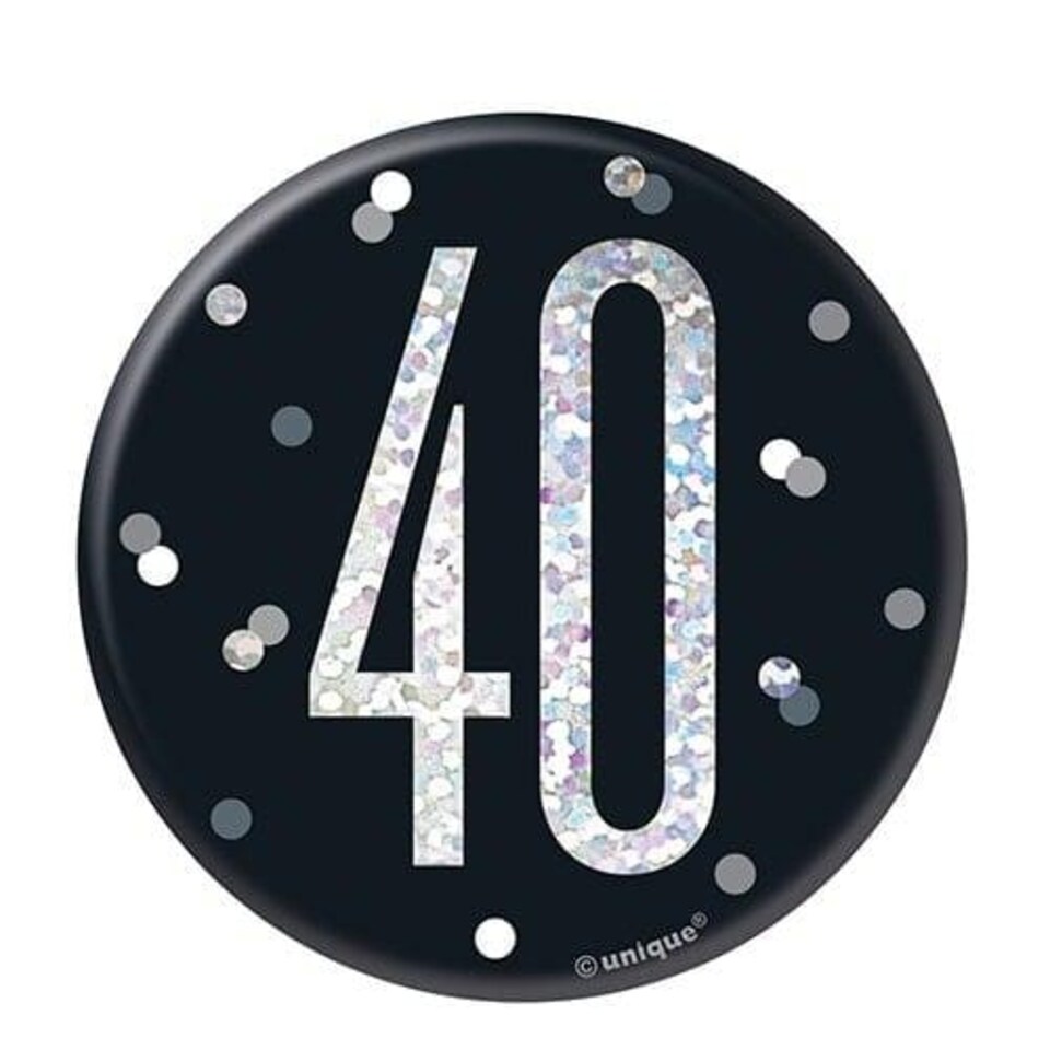 Black Glitz Age 40 Holographic Birthday Badge 7cm