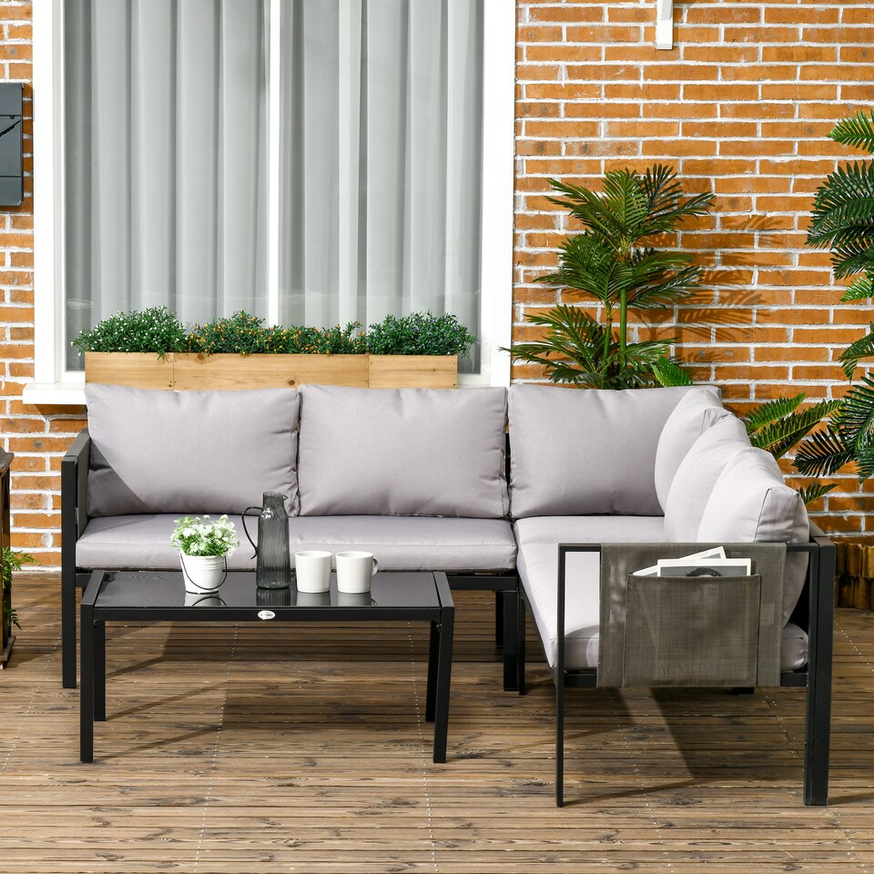 image 1 of Outsunny 5 Seater Garden Corner Sofa Set, 4 Pieces Metal Garden Furniture Set with Loveseats, Glass Top Coffee Table, Breathable Mesh Pocket, Outdoor Conversation Furniture with Cushions, Light Grey