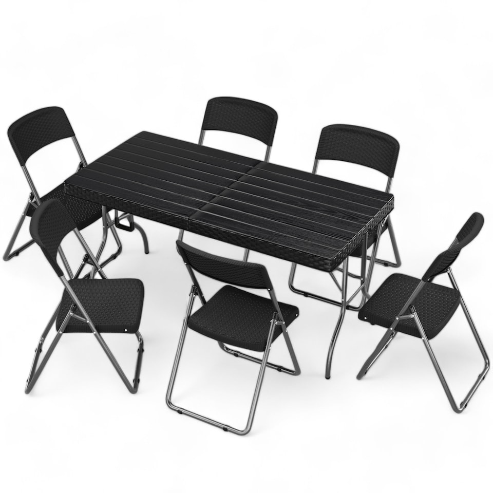 image 1 of 5Ft Rattan Effect Garden Folding Table and Chairs Garden Set - Black | Black | 7