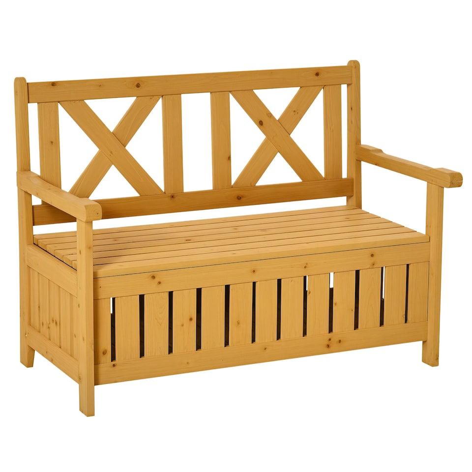 image 1 of Outsunny Wood Garden Bench 2 Seater Storage Chest Patio Seating Chair with High Back and Armrest, Yellow